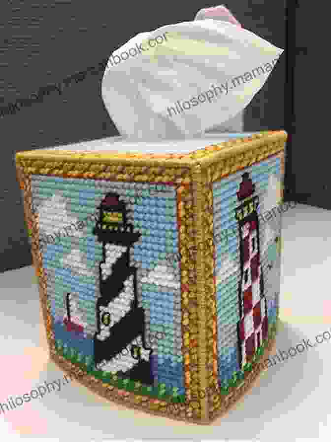 Image Of The Completed Lighthouse Boutique Tissue Box Cover Lighthouse Boutique Tissue Box: Plastic Canvas Pattern